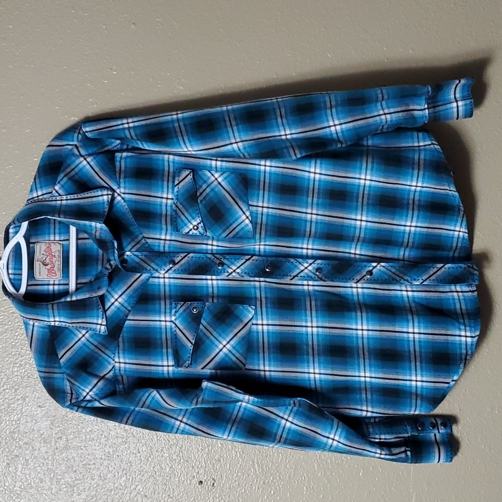 Wrangler Size 2XL Long Sleeve Blue Black Plaid Western Shirt Pearl Snaps